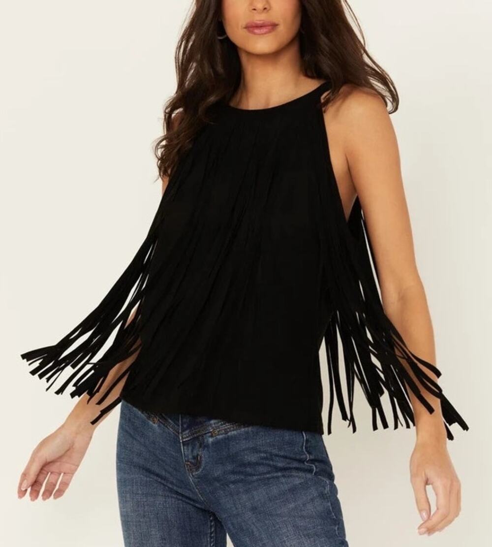 Womens Western Faux Suede Fringe Halter Top M Black Cowgirl Country Nashville
